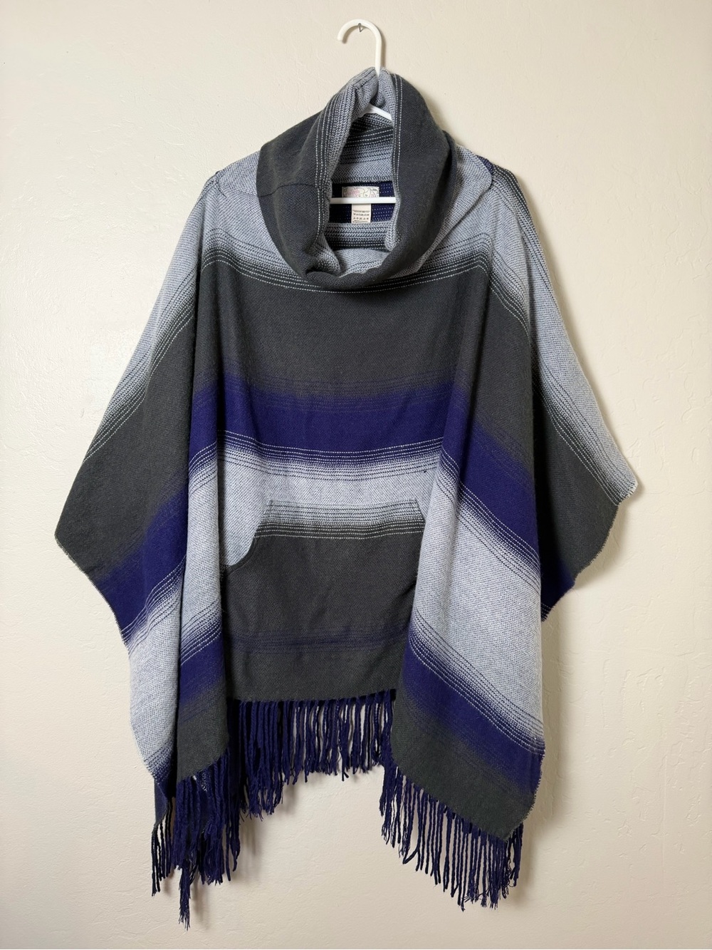 Free People Striped Cowl Neck Fringe Poncho Sweater Cape Gray Purple OS Boho